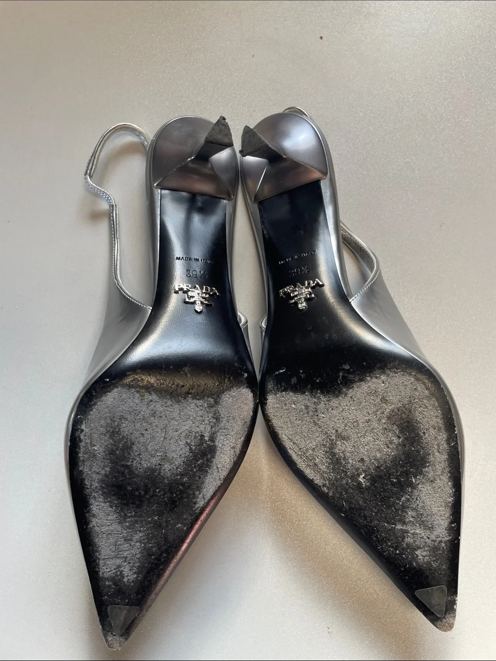 PRADA Women's Metallic Leather Slingback Pumps Size US 9.5 In Argento - Picture 7 of 10